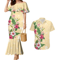 Hawaii Tropical Flowers Couples Matching Mermaid Dress and Hawaiian Shirt Polynesian Tattoo Buttermilk LT05 Beige - Polynesian Pride