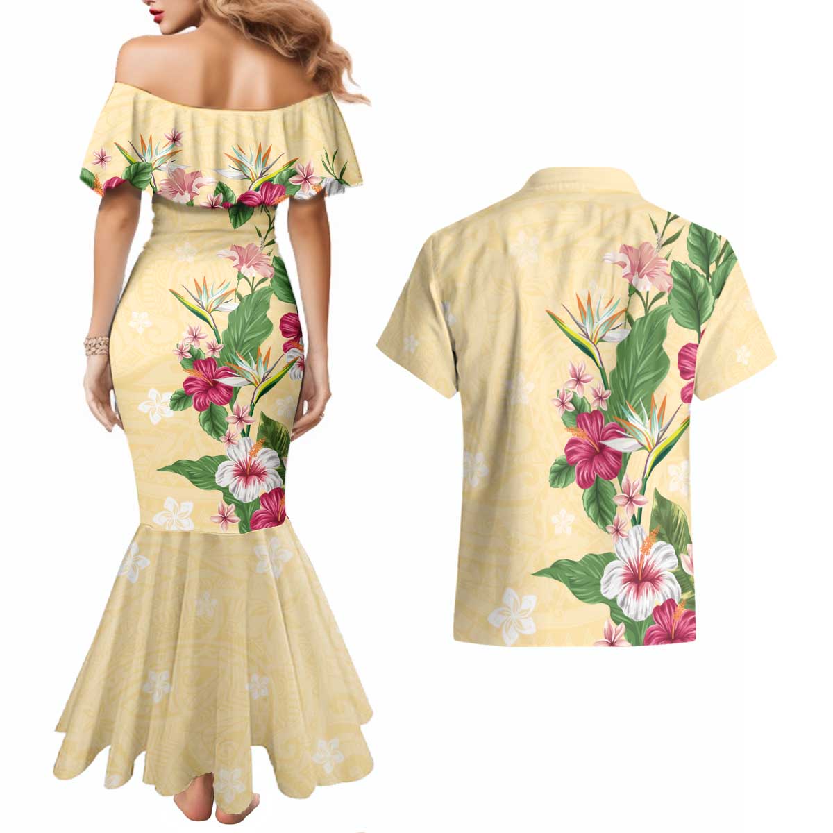 Hawaii Tropical Flowers Couples Matching Mermaid Dress and Hawaiian Shirt Polynesian Tattoo Buttermilk LT05 - Polynesian Pride