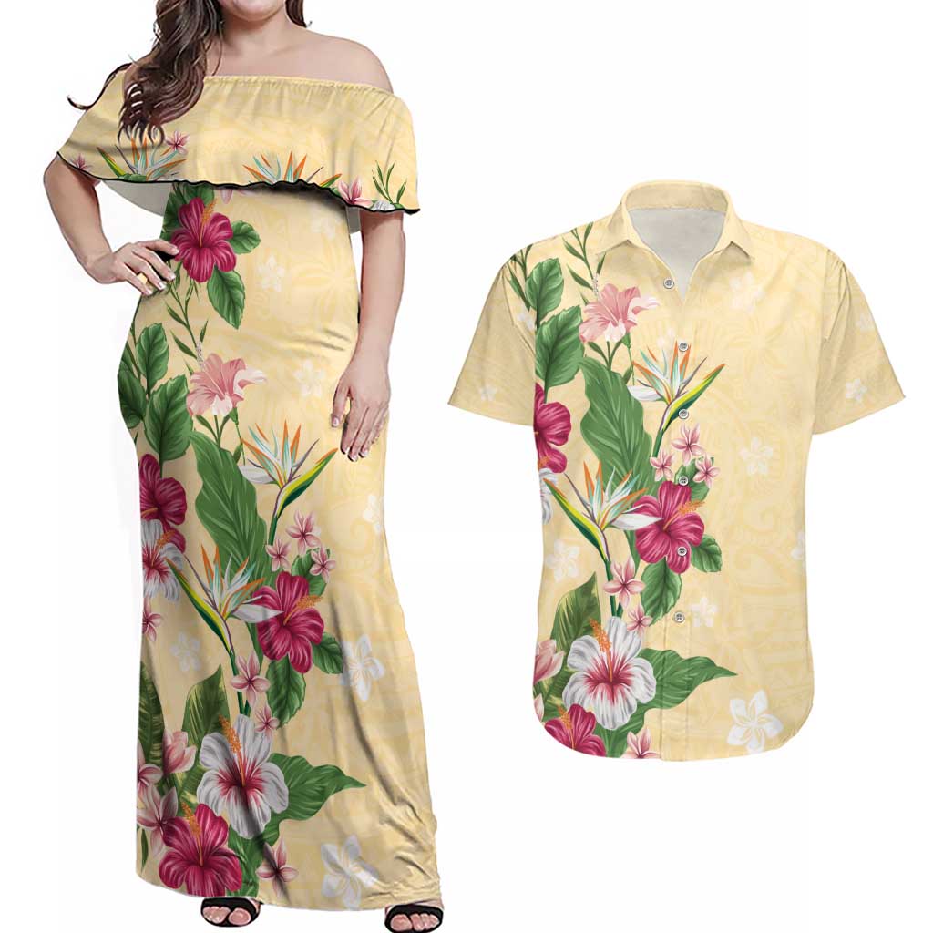Hawaii Tropical Flowers Couples Matching Off Shoulder Maxi Dress and Hawaiian Shirt Polynesian Tattoo Buttermilk LT05 Beige - Polynesian Pride
