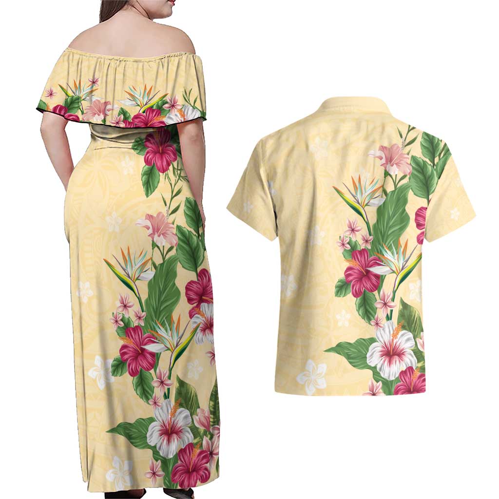 Hawaii Tropical Flowers Couples Matching Off Shoulder Maxi Dress and Hawaiian Shirt Polynesian Tattoo Buttermilk LT05 - Polynesian Pride