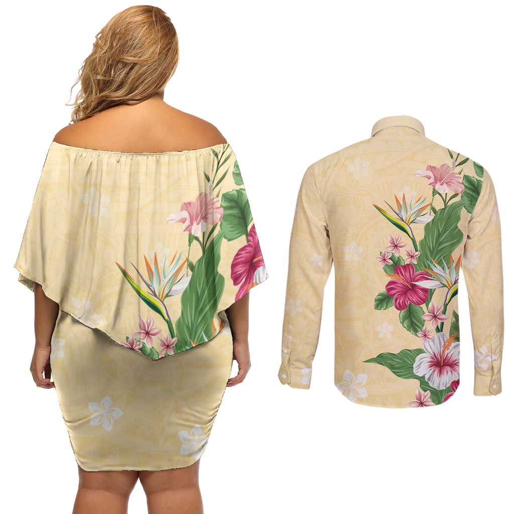 Hawaii Tropical Flowers Couples Matching Off Shoulder Short Dress and Long Sleeve Button Shirt Polynesian Tattoo Buttermilk