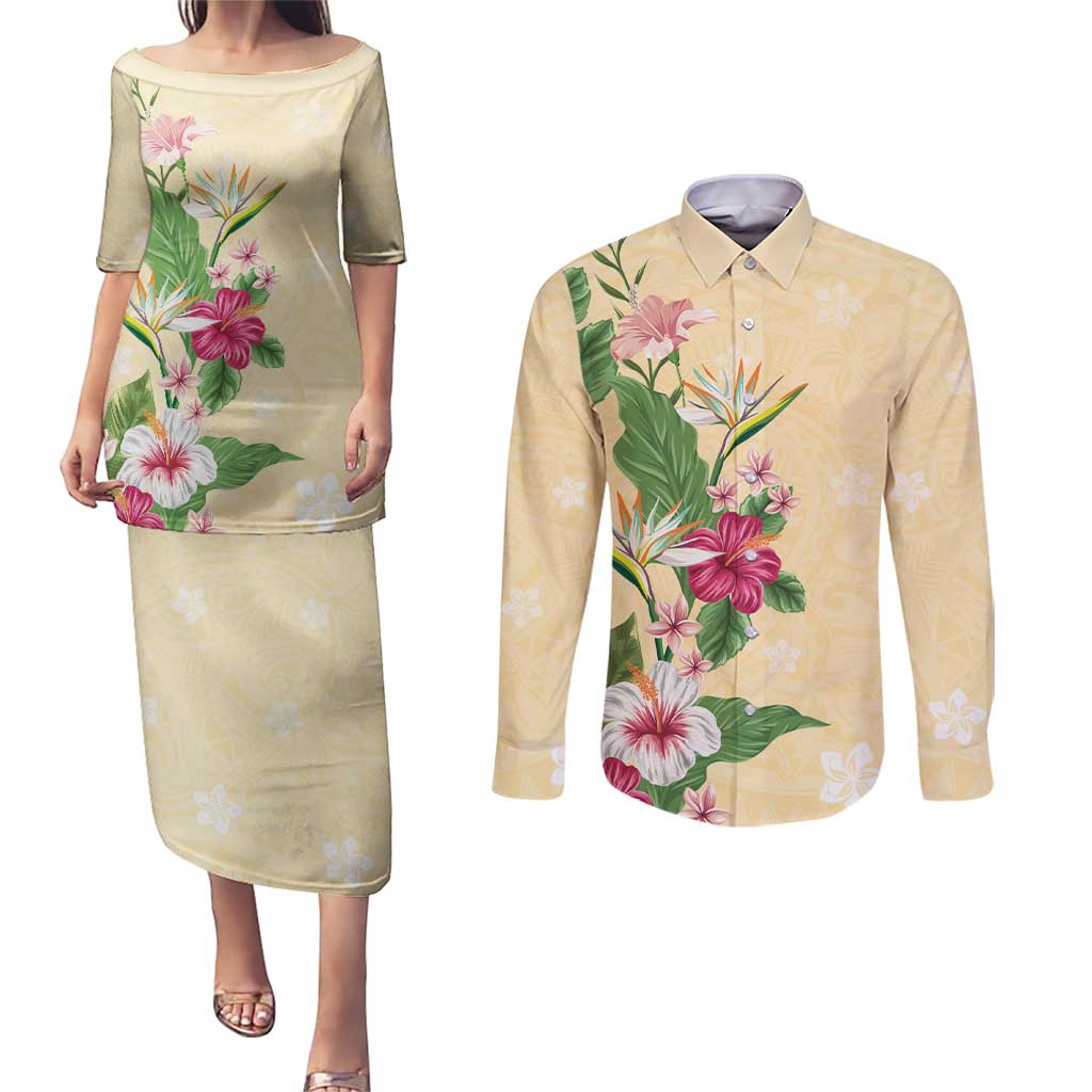 Hawaii Tropical Flowers Couples Matching Puletasi and Long Sleeve Button Shirt Polynesian Tattoo Buttermilk LT05 Beige - Polynesian Pride