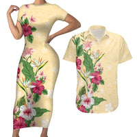 Hawaii Tropical Flowers Couples Matching Short Sleeve Bodycon Dress and Hawaiian Shirt Polynesian Tattoo Buttermilk LT05 Beige - Polynesian Pride