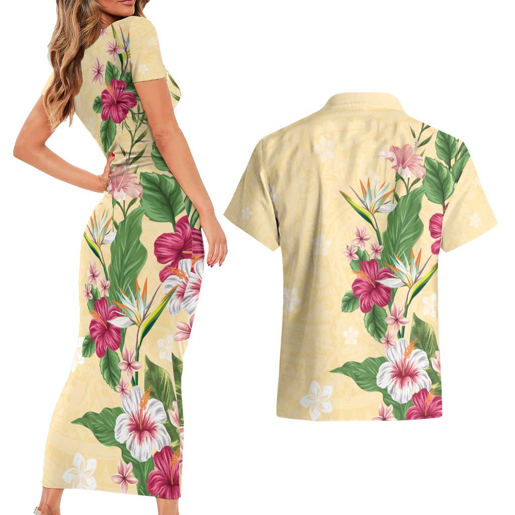 Hawaii Tropical Flowers Couples Matching Short Sleeve Bodycon Dress and Hawaiian Shirt Polynesian Tattoo Buttermilk LT05 - Polynesian Pride