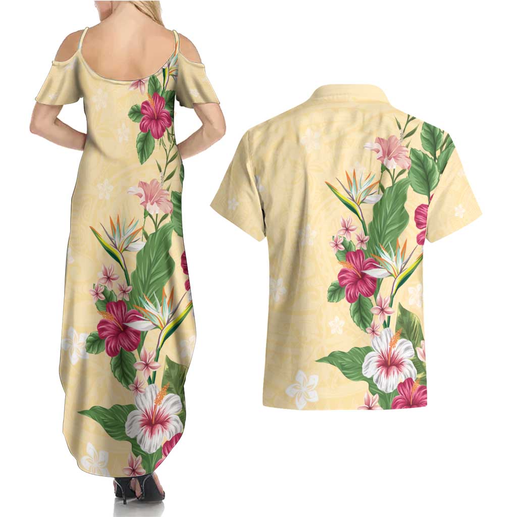 Hawaii Tropical Flowers Couples Matching Summer Maxi Dress and Hawaiian Shirt Polynesian Tattoo Buttermilk