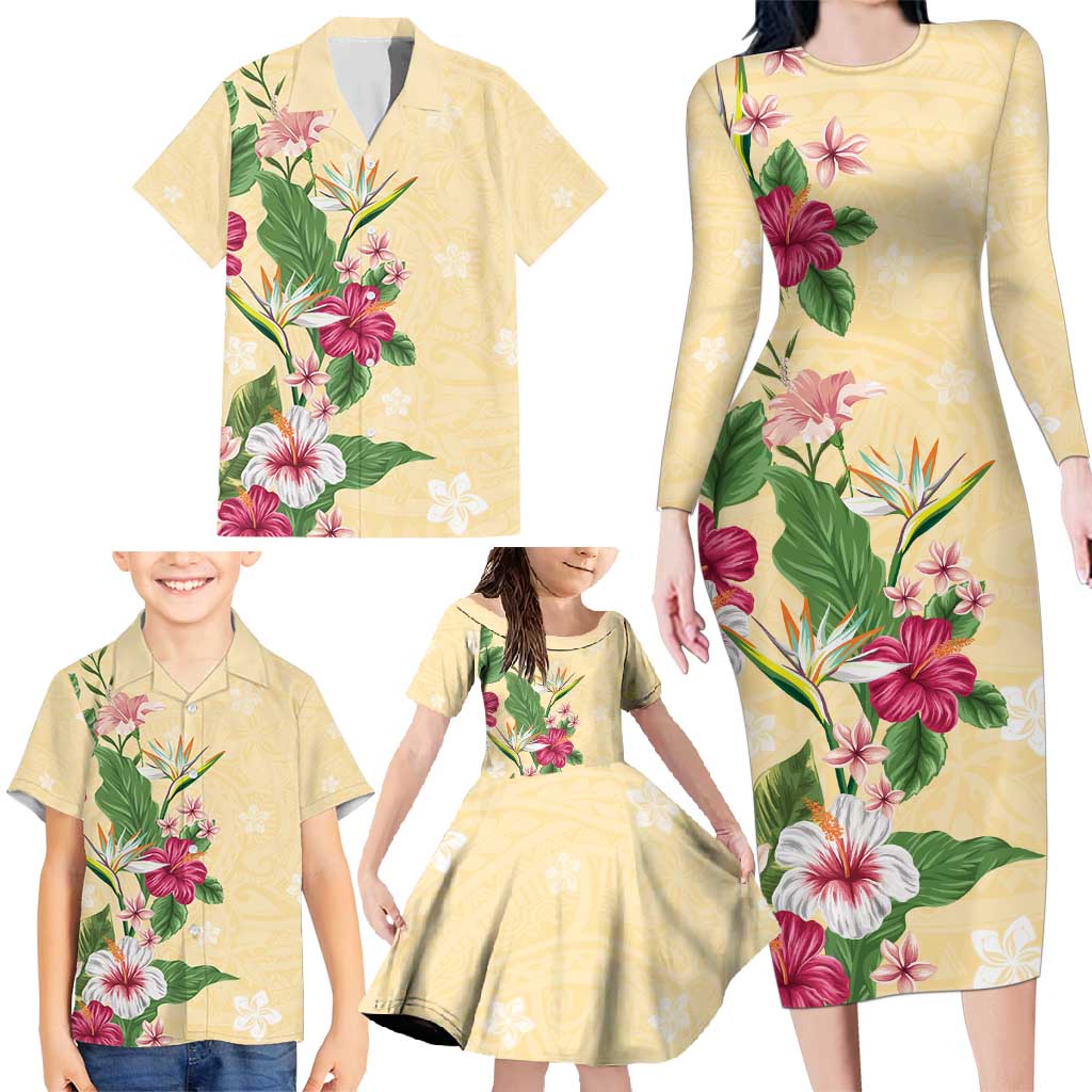 Hawaii Tropical Flowers Family Matching Long Sleeve Bodycon Dress and Hawaiian Shirt Polynesian Tattoo Buttermilk LT05 - Polynesian Pride