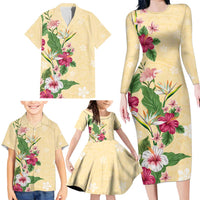 Hawaii Tropical Flowers Family Matching Long Sleeve Bodycon Dress and Hawaiian Shirt Polynesian Tattoo Buttermilk LT05 - Polynesian Pride