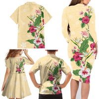 Hawaii Tropical Flowers Family Matching Long Sleeve Bodycon Dress and Hawaiian Shirt Polynesian Tattoo Buttermilk LT05 - Polynesian Pride