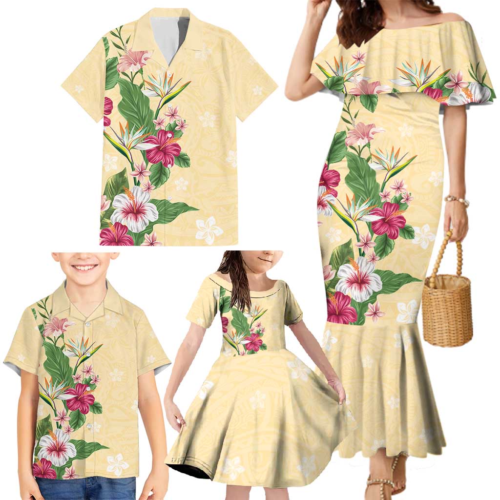 Hawaii Tropical Flowers Family Matching Mermaid Dress and Hawaiian Shirt Polynesian Tattoo Buttermilk LT05 - Polynesian Pride