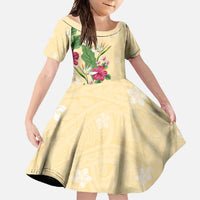 Hawaii Tropical Flowers Family Matching Off Shoulder Maxi Dress and Hawaiian Shirt Polynesian Tattoo Buttermilk LT05 Daughter's Dress Beige - Polynesian Pride