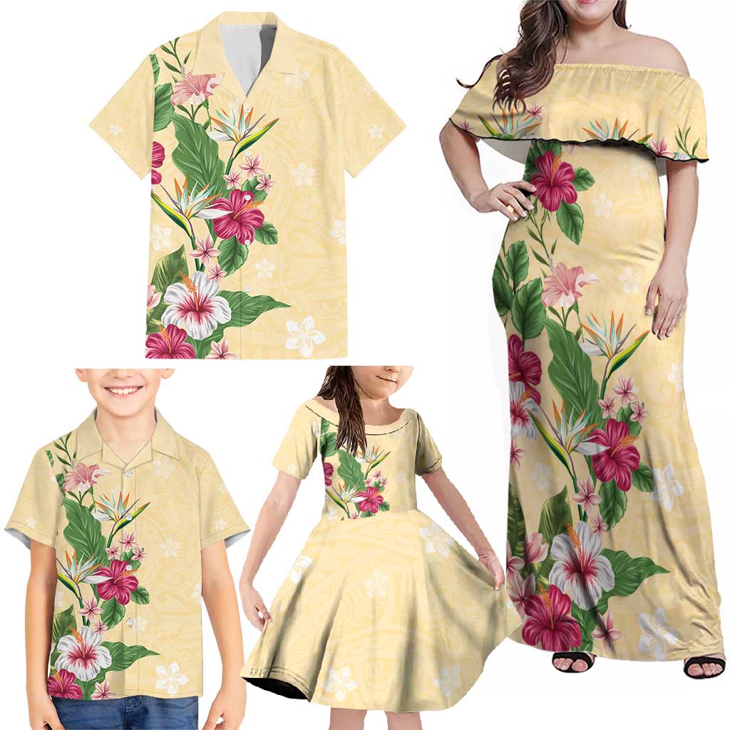 Hawaii Tropical Flowers Family Matching Off Shoulder Maxi Dress and Hawaiian Shirt Polynesian Tattoo Buttermilk LT05 - Polynesian Pride