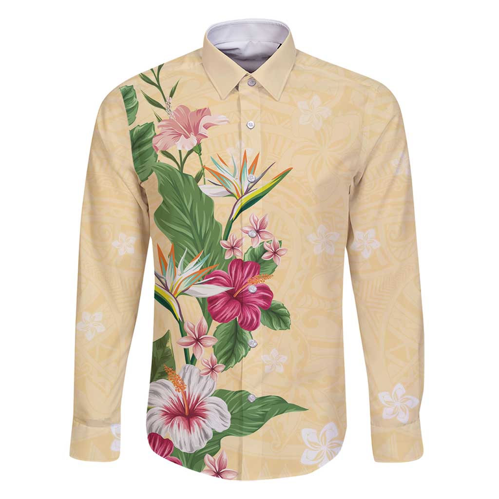 Hawaii Tropical Flowers Family Matching Off Shoulder Maxi Dress and Hawaiian Shirt Polynesian Tattoo Buttermilk LT05 Dad's Shirt - Long Sleeve Beige - Polynesian Pride