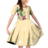 Hawaii Tropical Flowers Family Matching Off Shoulder Short Dress and Hawaiian Shirt Polynesian Tattoo Buttermilk LT05 Daughter's Dress Beige - Polynesian Pride