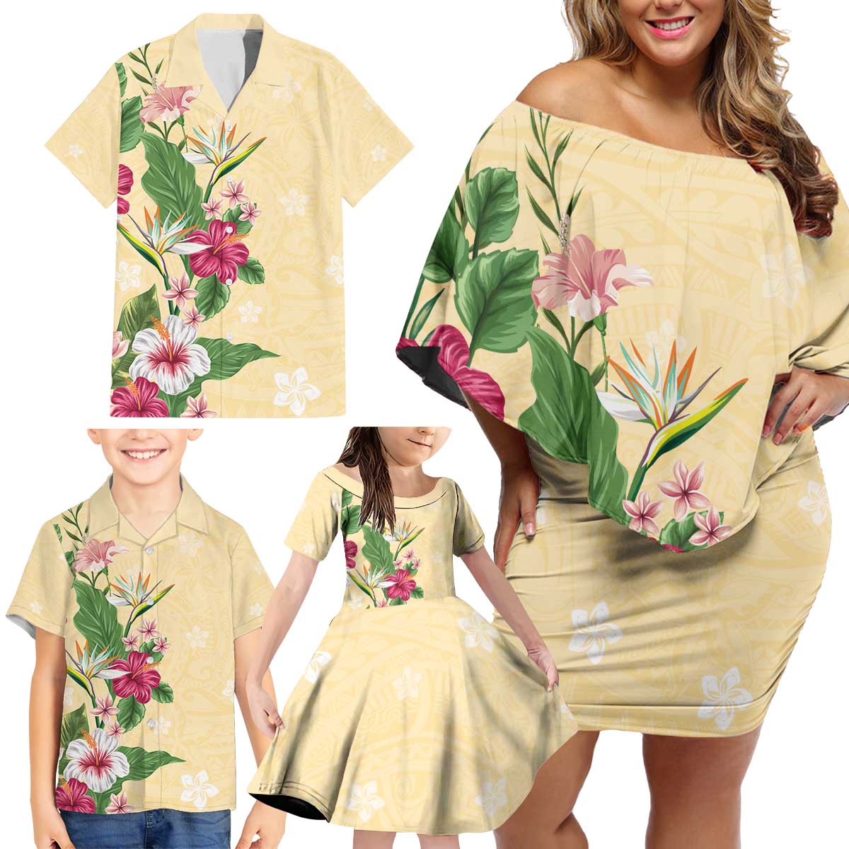 Hawaii Tropical Flowers Family Matching Off Shoulder Short Dress and Hawaiian Shirt Polynesian Tattoo Buttermilk LT05 - Polynesian Pride