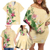 Hawaii Tropical Flowers Family Matching Off Shoulder Short Dress and Hawaiian Shirt Polynesian Tattoo Buttermilk LT05 - Polynesian Pride