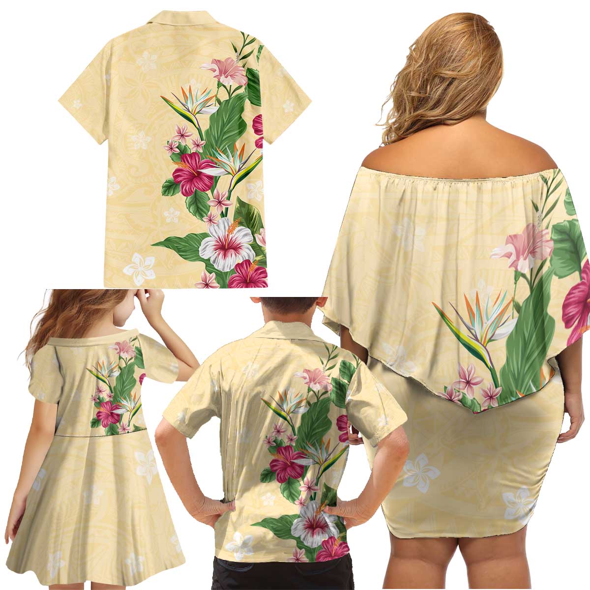 Hawaii Tropical Flowers Family Matching Off Shoulder Short Dress and Hawaiian Shirt Polynesian Tattoo Buttermilk LT05 - Polynesian Pride