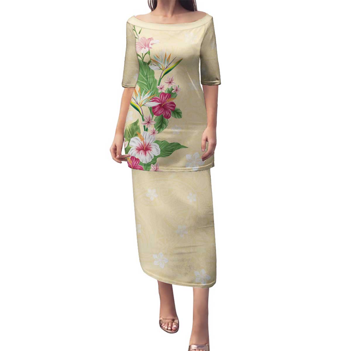 Hawaii Tropical Flowers Family Matching Puletasi and Hawaiian Shirt Polynesian Tattoo Buttermilk LT05 Mom's Dress Beige - Polynesian Pride