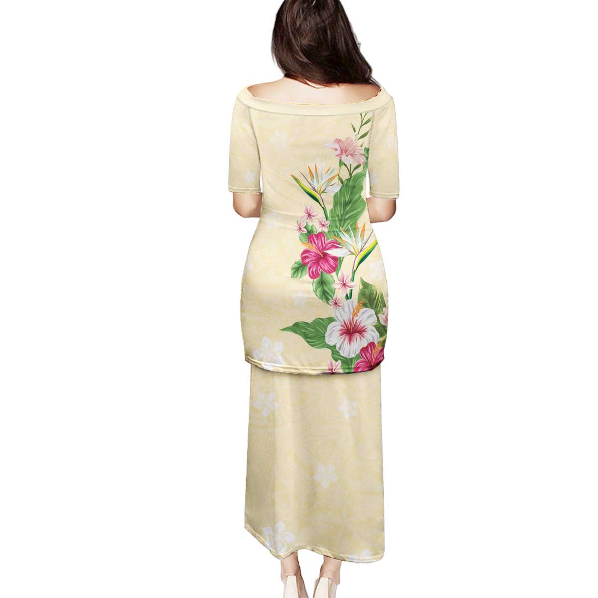 Hawaii Tropical Flowers Family Matching Puletasi and Hawaiian Shirt Polynesian Tattoo Buttermilk LT05 - Polynesian Pride