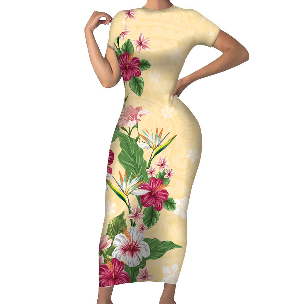 Hawaii Tropical Flowers Family Matching Short Sleeve Bodycon Dress and Hawaiian Shirt Polynesian Tattoo Buttermilk LT05 Mom's Dress Beige - Polynesian Pride