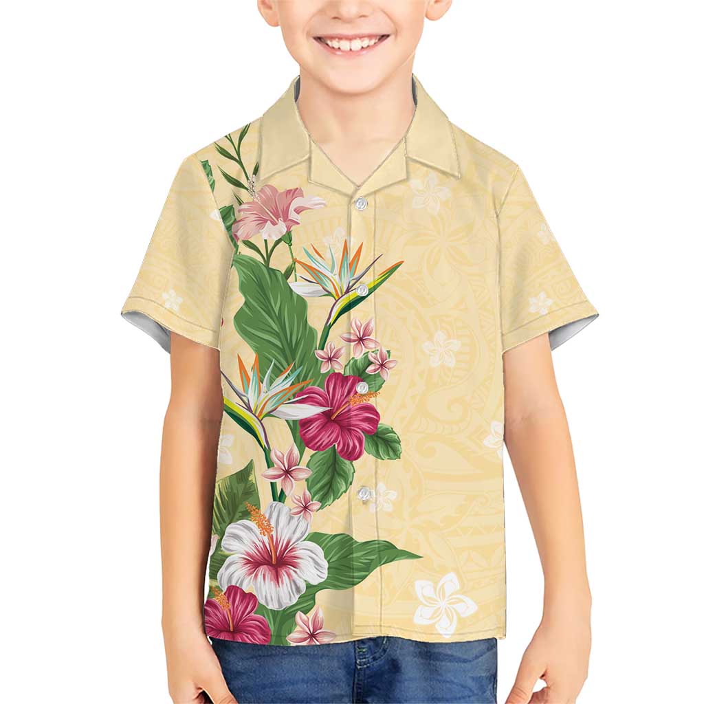 Hawaii Tropical Flowers Family Matching Short Sleeve Bodycon Dress and Hawaiian Shirt Polynesian Tattoo Buttermilk LT05 Son's Shirt Beige - Polynesian Pride