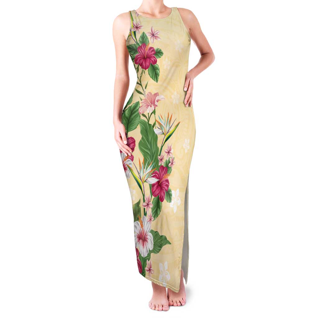 Hawaii Tropical Flowers Family Matching Tank Maxi Dress and Hawaiian Shirt Polynesian Tattoo Buttermilk LT05 Mom's Dress Beige - Polynesian Pride