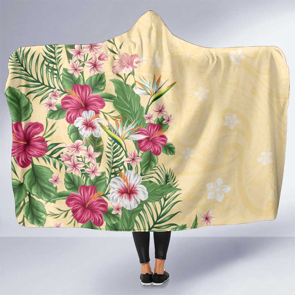 Hawaii Tropical Flowers Hooded Blanket Polynesian Tattoo Buttermilk LT05 One Size Beige - Polynesian Pride