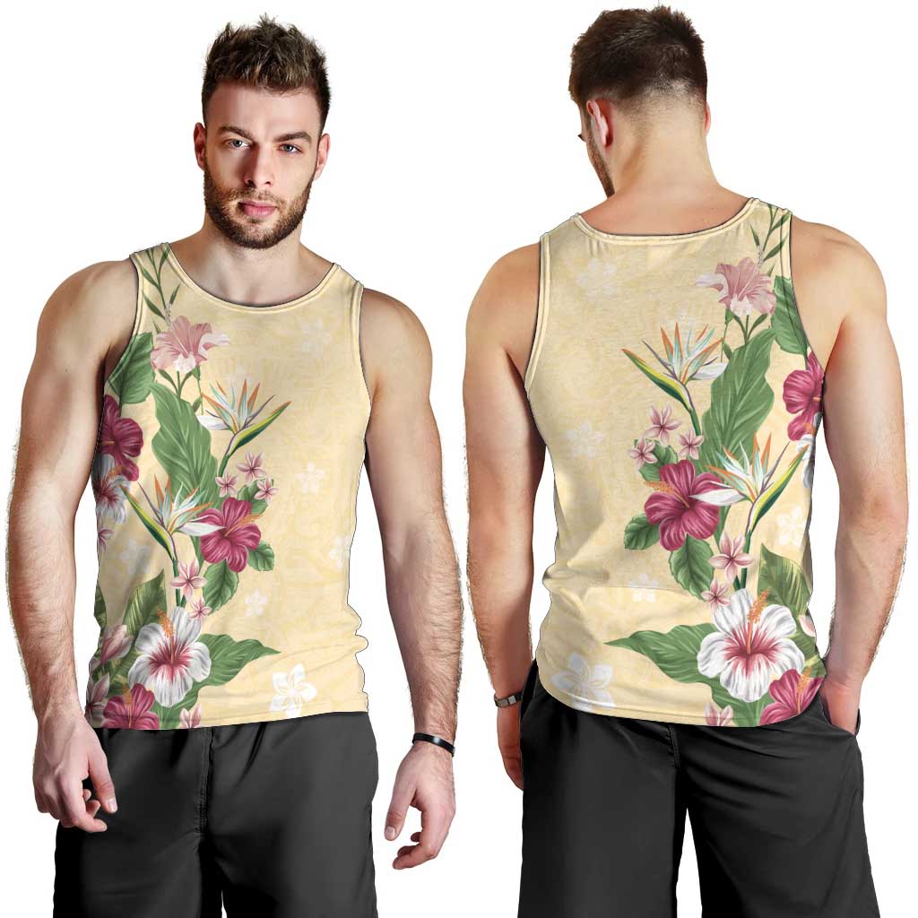 Hawaii Tropical Flowers Men Tank Top Polynesian Tattoo Buttermilk