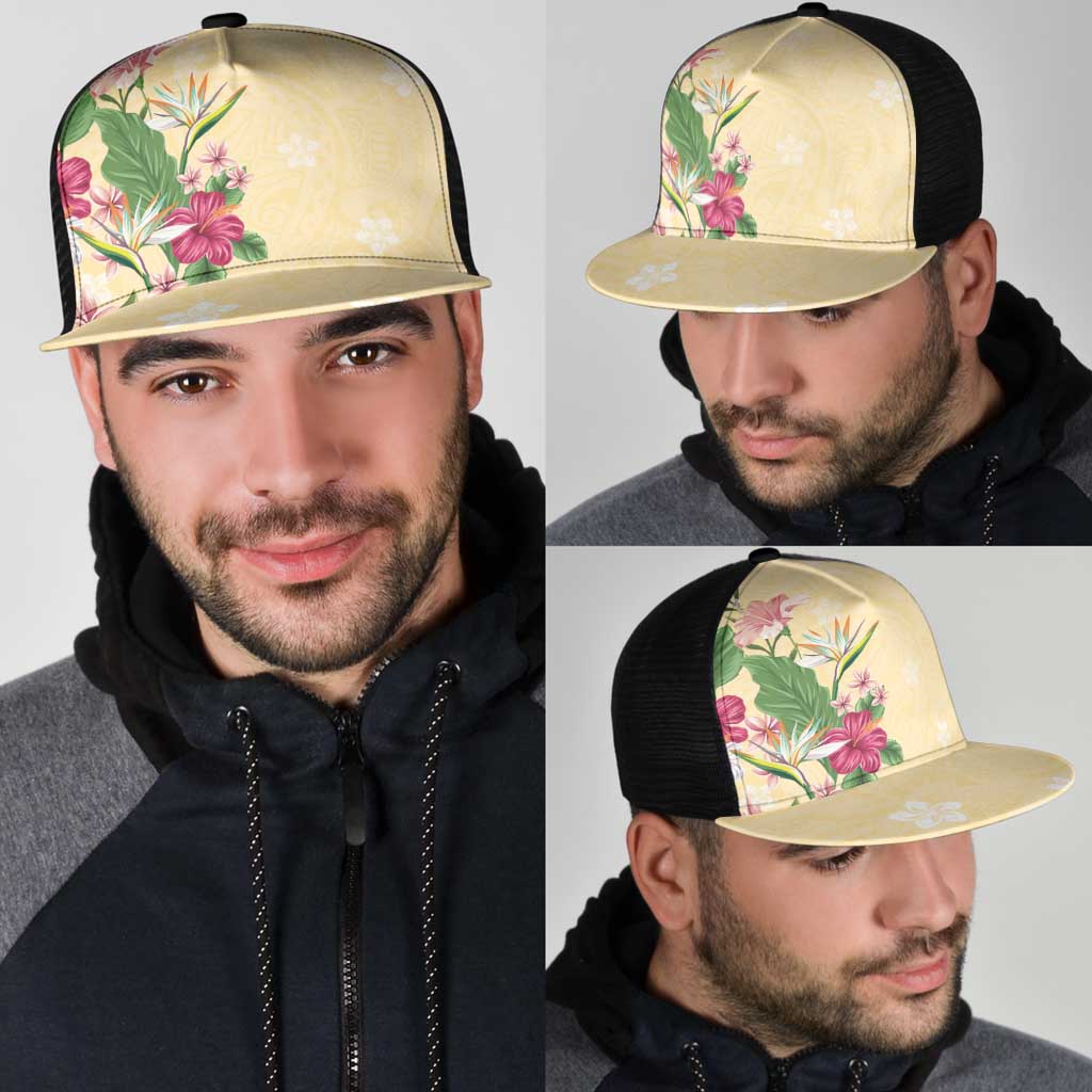 Hawaii Tropical Flowers Mesh Trucker Cap Polynesian Tattoo Buttermilk