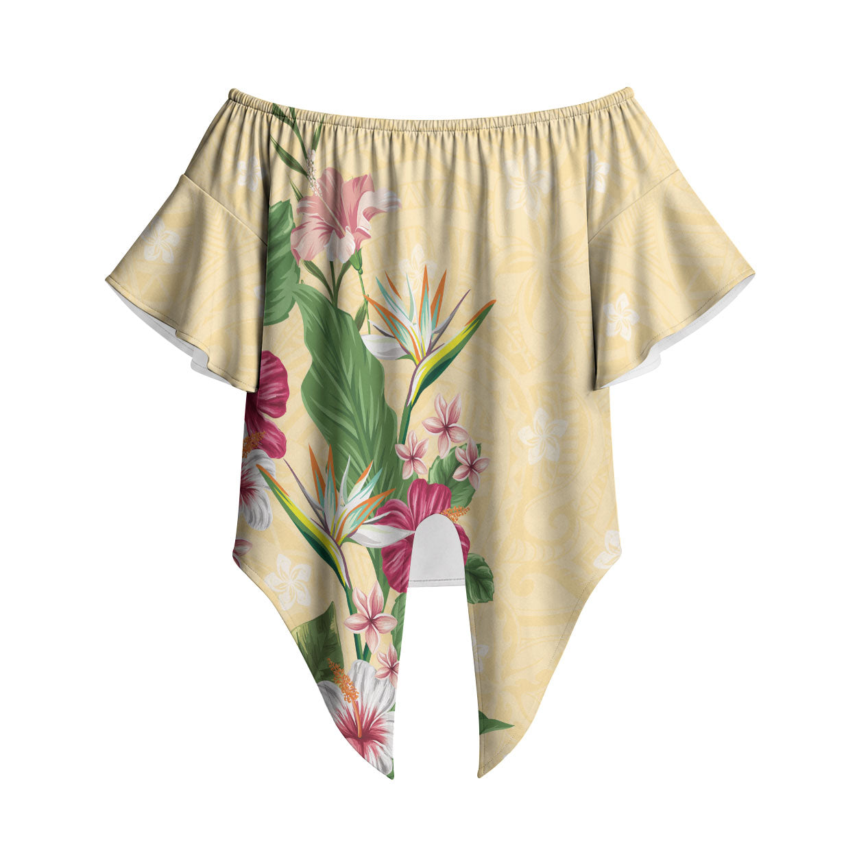Hawaii Tropical Flowers Off Shoulder Wrap Waist Top Polynesian Tattoo Buttermilk LT05 Beige - Polynesian Pride
