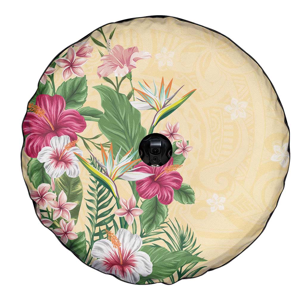 Hawaii Tropical Flowers Spare Tire Cover Polynesian Tattoo Buttermilk