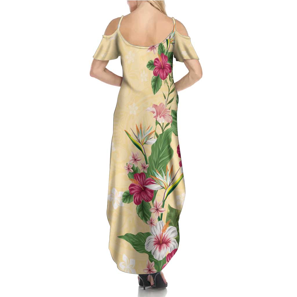 Hawaii Tropical Flowers Summer Maxi Dress Polynesian Tattoo Buttermilk LT05 - Polynesian Pride
