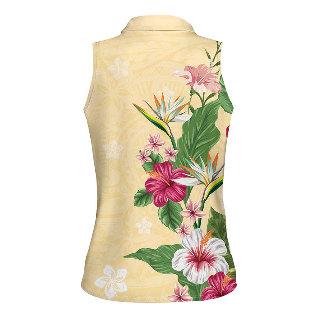 Hawaii Tropical Flowers Women Sleeveless Polo Shirt Polynesian Tattoo Buttermilk LT05 - Polynesian Pride