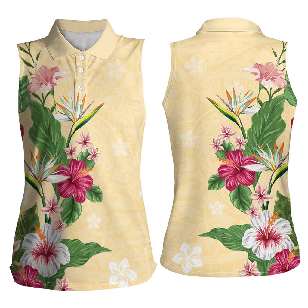 Hawaii Tropical Flowers Women Sleeveless Polo Shirt Polynesian Tattoo Buttermilk LT05 - Polynesian Pride