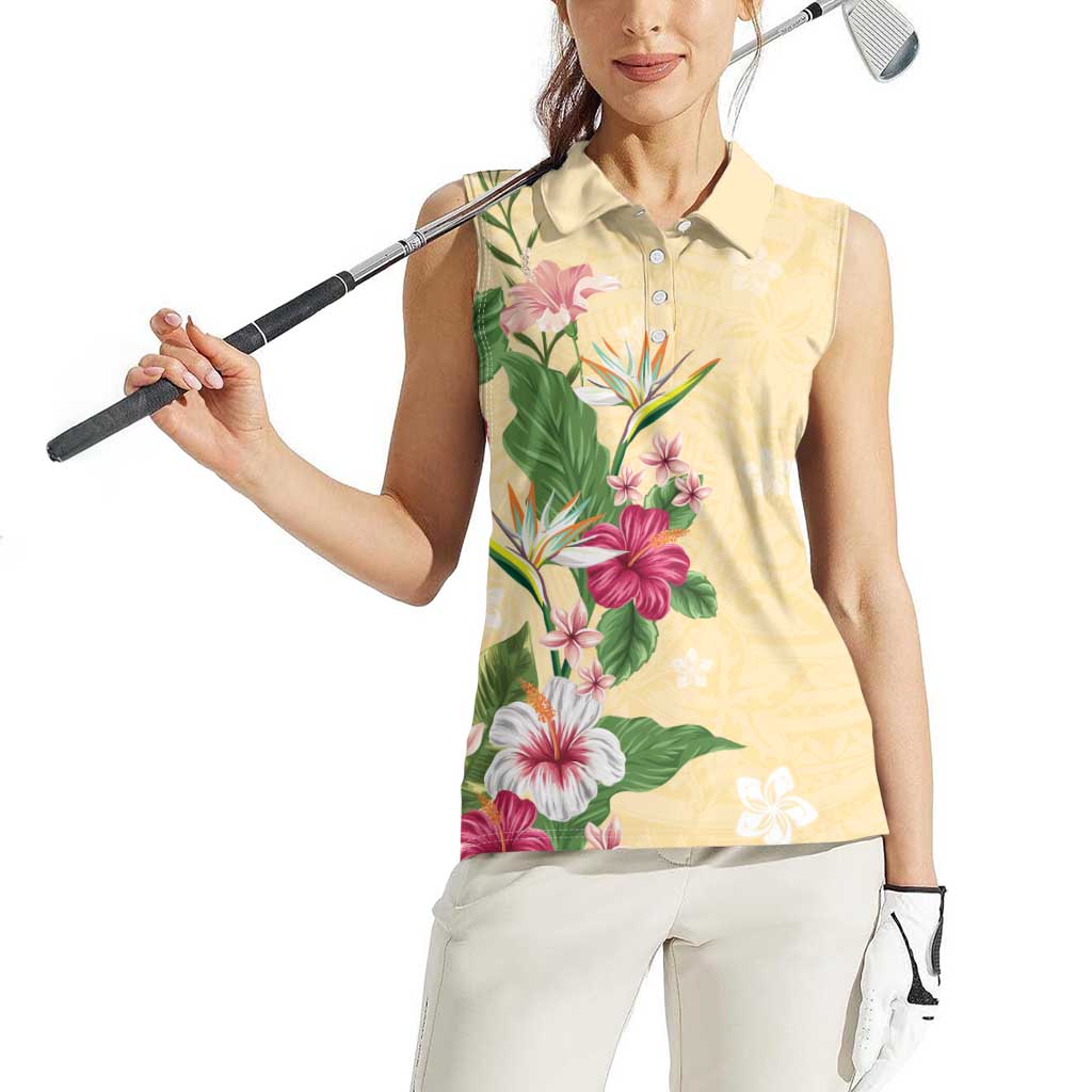 Hawaii Tropical Flowers Women Sleeveless Polo Shirt Polynesian Tattoo Buttermilk LT05 - Polynesian Pride