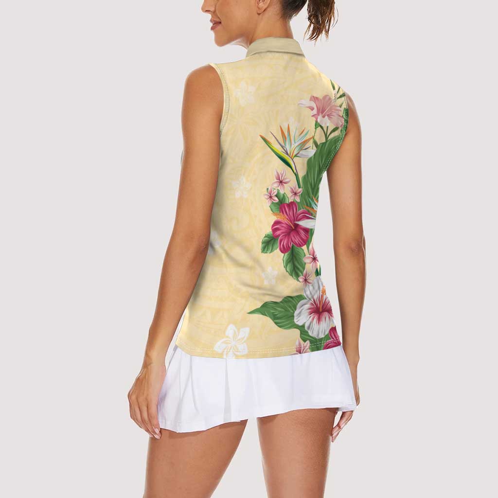 Hawaii Tropical Flowers Women Sleeveless Polo Shirt Polynesian Tattoo Buttermilk LT05 - Polynesian Pride