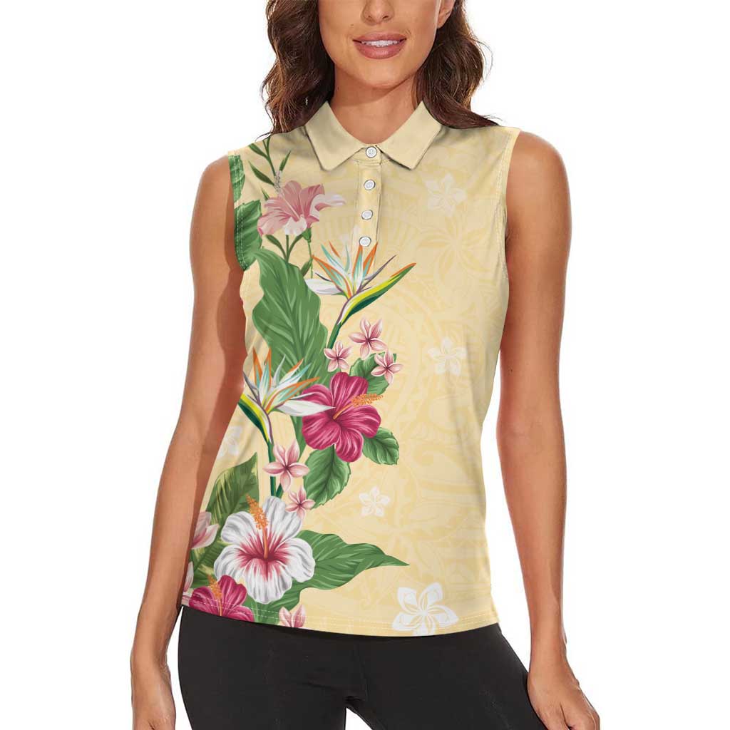 Hawaii Tropical Flowers Women Sleeveless Polo Shirt Polynesian Tattoo Buttermilk LT05 - Polynesian Pride