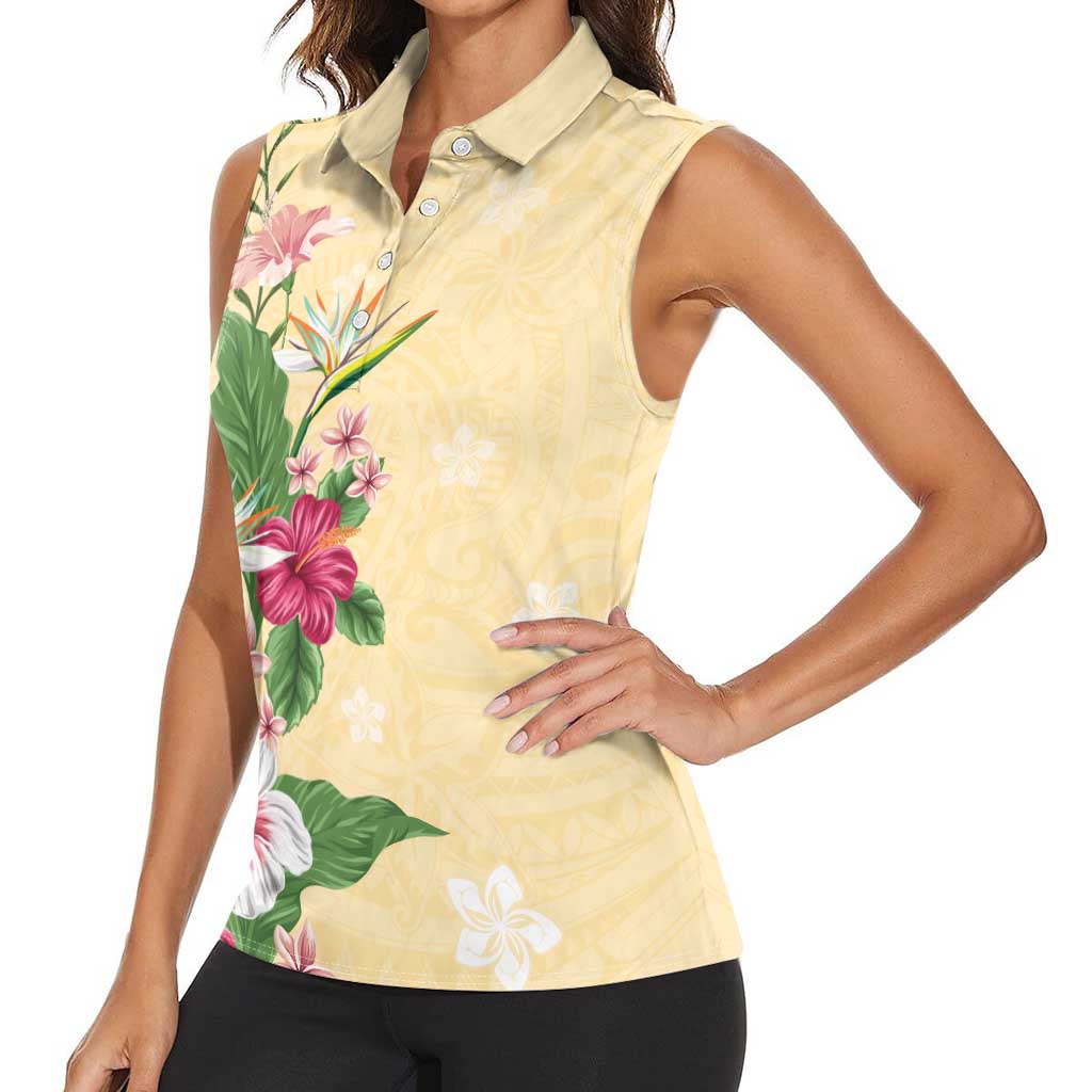 Hawaii Tropical Flowers Women Sleeveless Polo Shirt Polynesian Tattoo Buttermilk LT05 - Polynesian Pride