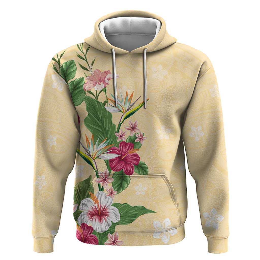 Hawaii Tropical Flowers Zip Hoodie Polynesian Tattoo Buttermilk LT05 Pullover Hoodie Beige - Polynesian Pride