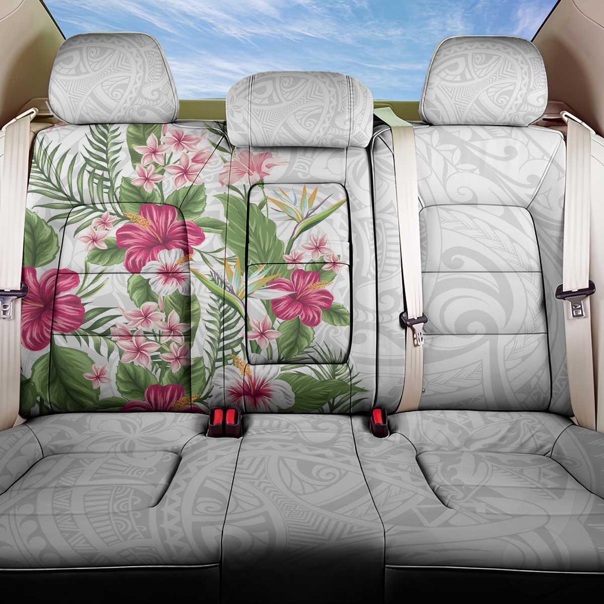 Hawaii Tropical Flowers Back Car Seat Cover Polynesian Tattoo White LT05 One Size White - Polynesian Pride