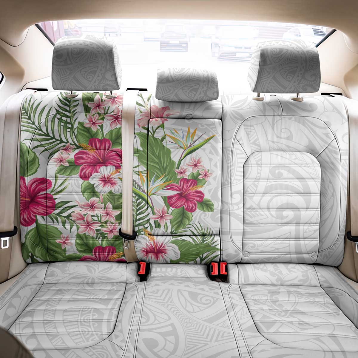 Hawaii Tropical Flowers Back Car Seat Cover Polynesian Tattoo White LT05 - Polynesian Pride