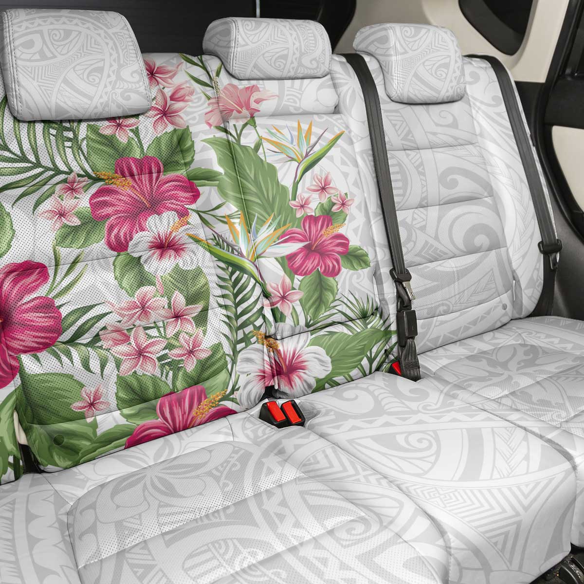 Hawaii Tropical Flowers Back Car Seat Cover Polynesian Tattoo White LT05 - Polynesian Pride