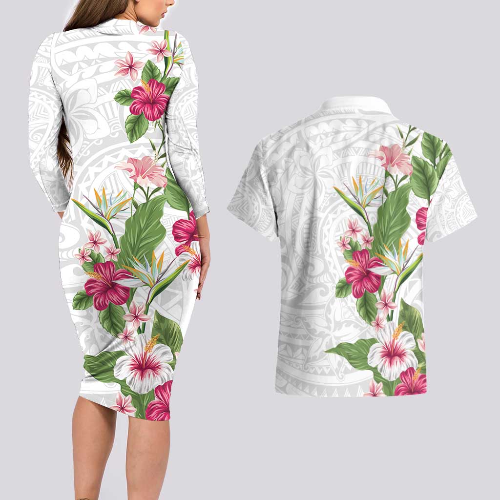 Hawaii Tropical Flowers Couples Matching Long Sleeve Bodycon Dress and Hawaiian Shirt Polynesian Tattoo White LT05 - Polynesian Pride