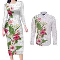 Hawaii Tropical Flowers Couples Matching Long Sleeve Bodycon Dress and Long Sleeve Button Shirt Polynesian Tattoo White