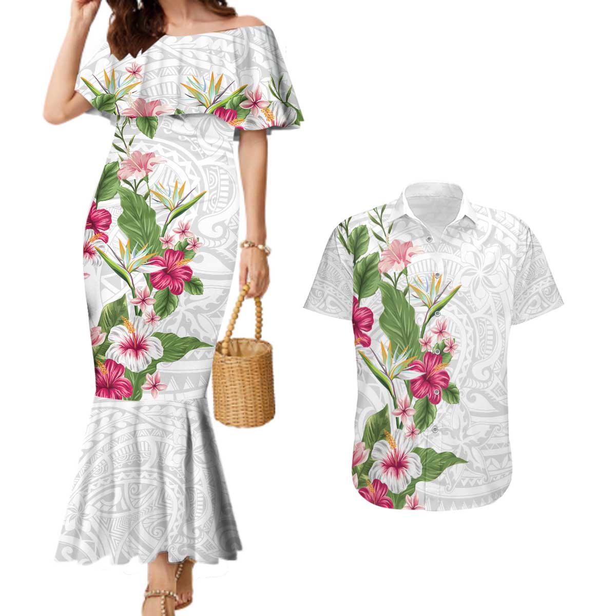 Hawaii Tropical Flowers Couples Matching Mermaid Dress and Hawaiian Shirt Polynesian Tattoo White LT05 White - Polynesian Pride