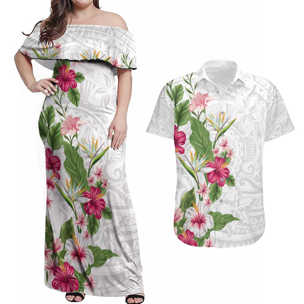 Hawaii Tropical Flowers Couples Matching Off Shoulder Maxi Dress and Hawaiian Shirt - Polynesian Tattoo White LT05 White - Polynesian Pride