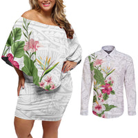 Hawaii Tropical Flowers Couples Matching Off Shoulder Short Dress and Long Sleeve Button Shirt Polynesian Tattoo White