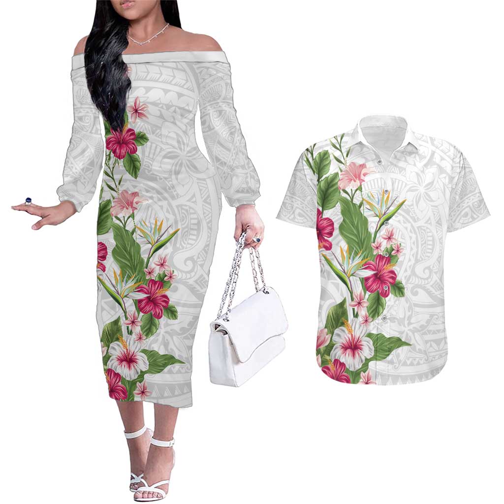 Hawaii Tropical Flowers Couples Matching Off The Shoulder Long Sleeve Dress and Hawaiian Shirt Polynesian Tattoo White
