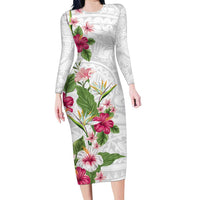 Hawaii Tropical Flowers Family Matching Long Sleeve Bodycon Dress and Hawaiian Shirt Polynesian Tattoo White LT05 Mom's Dress White - Polynesian Pride