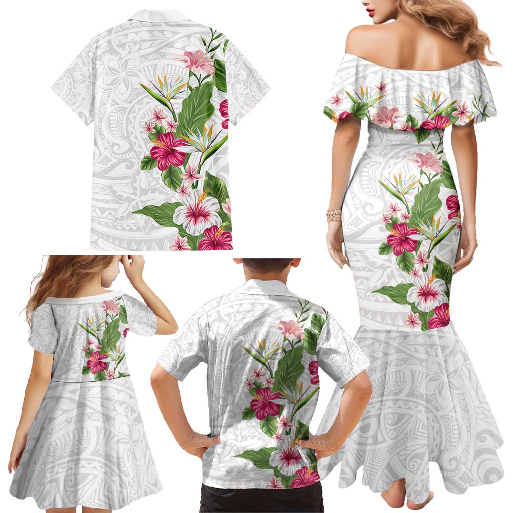 Hawaii Tropical Flowers Family Matching Mermaid Dress and Hawaiian Shirt Polynesian Tattoo White LT05 - Polynesian Pride