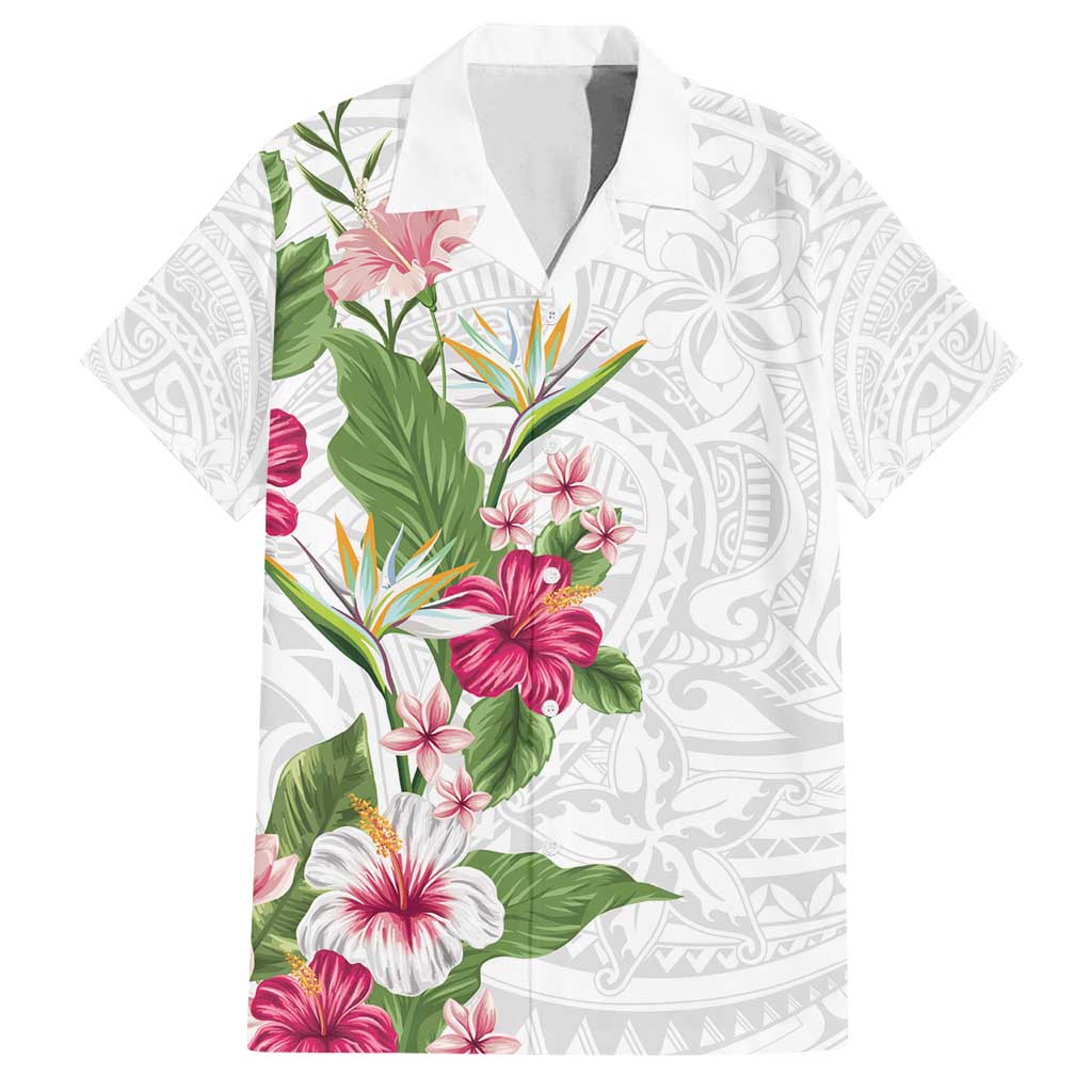 Hawaii Tropical Flowers Family Matching Off Shoulder Maxi Dress and Hawaiian Shirt - Polynesian Tattoo White LT05 Dad's Shirt - Short Sleeve White - Polynesian Pride